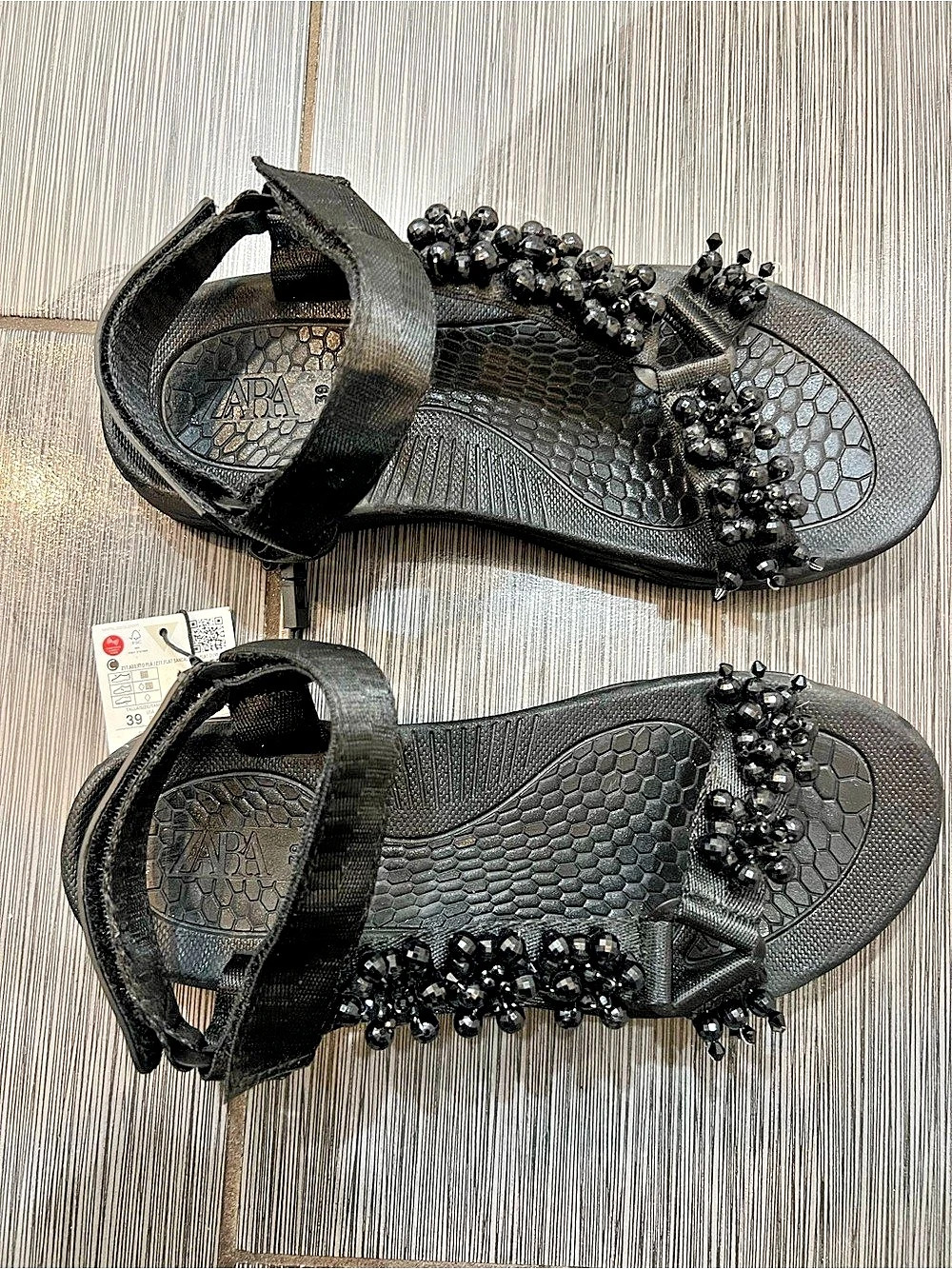 Zara Beaded Flat Sandals in Black EU 39 NWT